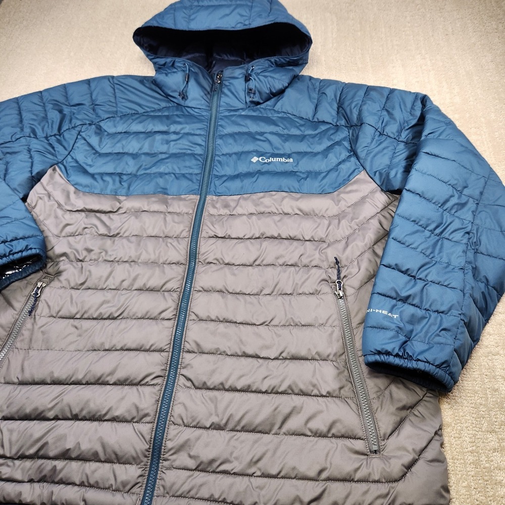 Columbia Puffer Jacket Men XXL Omni Heat White Out II Hooded Quilted Gray Blue